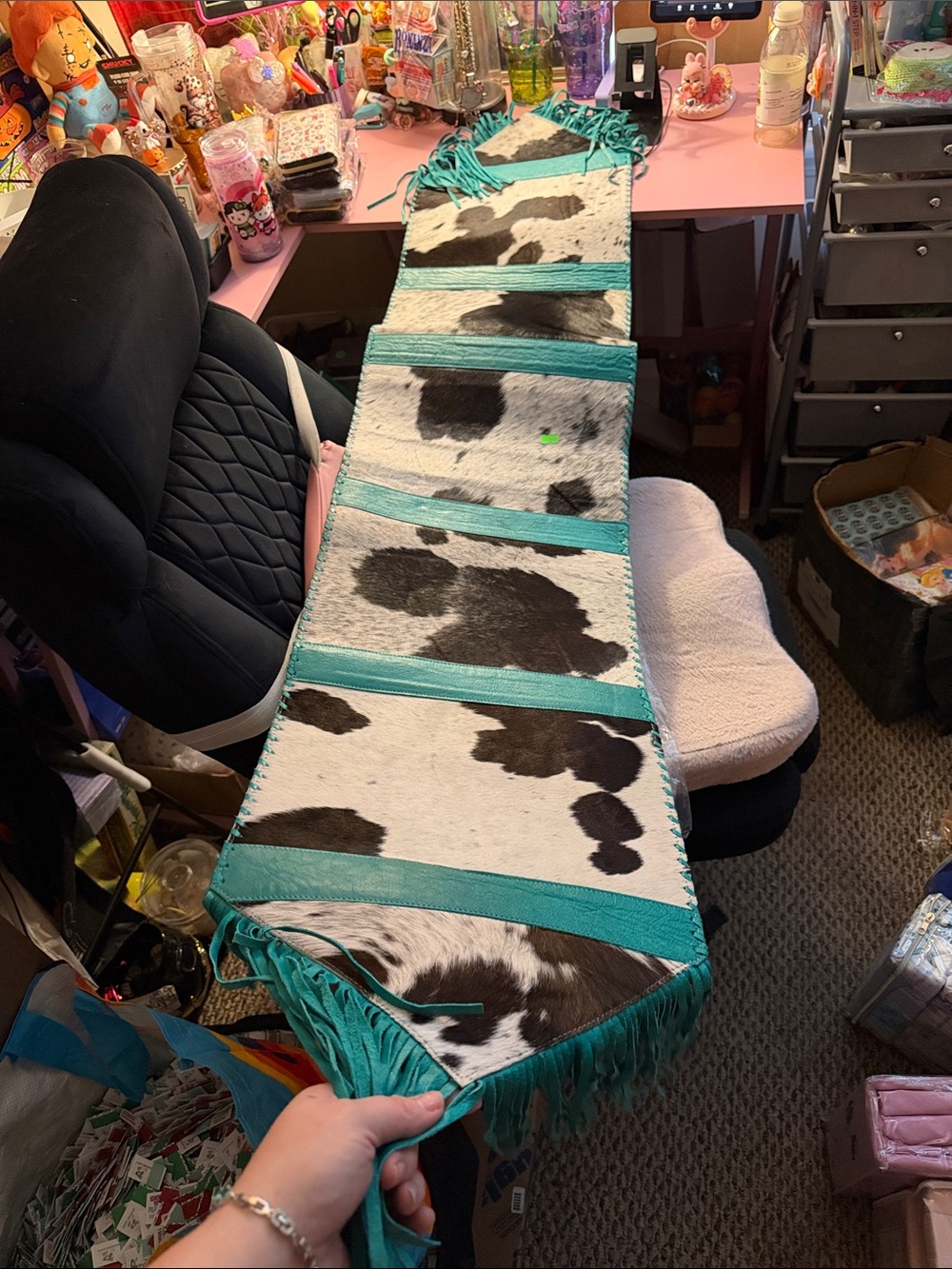 Cowhide & Teal Fringe Table Runner - Handcrafted Home Accent